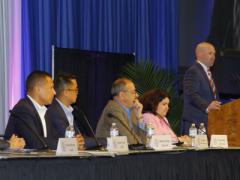 Panelists, moderated by Stephen Wallace, chief technology director, Development and Business Center, DISA (far r), discuss innovation at the AFCEA Defensive Cyber Operations Symposium.