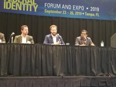 Panelists (l-r) Duane Blackburn, S&T policy analyst for The MITRE Corporation; Ralph Rodriguez, Facebook research scientist; Logan O'Shaughnessy, attorney, Privacy and Civil Liberties Oversight Board; Arun Ross, professor, Michigan State University; and moderator Stephanie Schuckers, director of the Center for Identification Technology Research at Clarkson University, discuss misperceptions about facial recognition at FedID 2019. Photo: Shaun Waterman/Signal