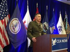 Maj. Gen. Dennis A. Crall, USMC, deputy principal cyber advisor and senior military advisor for cyber policy, describes the Defense Department's cyber organizational activities at an AFCEA NOVA Chapter luncheon on January 9.