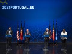 Homeland Security Secretary Alejandro Mayorkas (c), speaking to European Union counterparts in Portugal on June 21 during the U.S.-E.U. Ministerial Meeting of Justice and Home Affairs, has announced that the Department of Homeland Security and the EU will form a working group to examine ransomware attacks. Credit: DHS