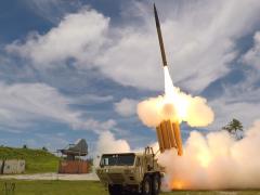 A Terminal High-Altitude Area Defense (THAAD) interceptor is launched from the Reagan Test Site in Kwajalein Atoll. THAAD is one component of a layered missile defense system being configured to stop incoming missile attacks. (Credit: Missile Defense Agency)
