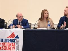 Panelists at the AFCEA/INSA Intelligence & National Security Summit discussing the hard truth about disinformation are (l-r) Sujit Raman, associate deputy attorney general, U.S. Department of Justice; Daniel Kimmage, principal deputy coordinator, Global Engagement Center, State Department; Suzanne Kelly, CEO, The Cipher Brief; and Brett Horvath, president, Guardians.ai. Credit: Herman Farrer Photography