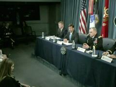 From left, Army Undersecretary Ryan D. McCarthy, Army Secretary Mark Esper, Army Chief of Staff Gen. Mark A. Milley and Army Vice Chief of Staff Gen. James McConville hold a briefing about the Army’s new Futures Command on July 13 at the Pentagon.