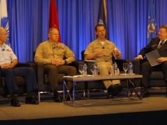 Leaders for all three maritime services—the Navy, Marines and Coast Guard—participate in a town hall forum at West 2019. Photo by Michael Carpenter