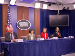 (l-r) Secretary of the Air Force Frank Kendall; Undersecretary of Defense for Research and Engineering Heidi Shyu; Chief Scientist of the United States Air Force Victoria Coleman; and Deputy Director Tawanda Rooney, Office of Concepts, Development and Management in the Department of the Air Force announce the Tactical Autonomy program from the Pentagon press room on June 27.