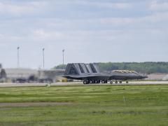 Four U.S. Air Force F-22 Raptors from the 1rst Fighter Wing line up before takeoff to conduct an adversary training sortie at Joint Base Langley-Eustis, Virginia on April 10. The Air Combat Command, which is responsible for the service's cyber mission, is examining the Air Force's cyber stance closely during the COVID-19 pandemic. Credit: U.S. Air Force photo by Nicholas De La Pena