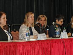 The AFCEA Women’s program convened a panel of cyber experts that included (r-l) moderator Col. Laurie Moe Buckhout, USA (Ret.), Corvus Group LLC; Gisele Bennett, Florida Institute of Technology; DeEtte Gray, CACI International Inc.; Nancy Kreidler, director, cybersecurity and information, assurance, Army CIO/G-6; and Annette Redmond, acting deputy assistant secretary for intelligence policy and coordination, Bureau of Intelligence and Research, Department of State. Photo by Michael Carpenter