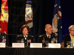 Participating in the panel session “Building and Securing the Cyber Mission Force” at AFCEA’s TechNet Augusta 2016 are (l-r) Brig. Gen. Robert J. Skinner, USAF, deputy commander, Joint Force Headquarters Department of Defense Information Network; Brig. Gen. Maria B. Barrett, USA, deputy commanding general, Joint Force Headquarters–Cyber; Brig. Gen. Welton Chase Jr., USA, commanding general, 7th Signal Command (Theater); and moderator Maj. Gen. Barbara Fast, USA (Ret.), senior vice president, CGI.