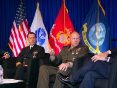 Adm. James G. Stavridis, USN (Ret.), dean of The Fletcher School of Law and Diplomacy at Tufts University and former NATO supreme allied commander Europe (r), hosts a luncheon town hall with (2nd from r-l) Gen. Robert B. Neller, USMC, commandant, U.S. Marine Corps; Adm. Richardson; and Vice Adm. Charles D. Michel, USCG, vice commandant, U.S. Coast Guard.