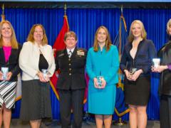 At the recent Women’s Appreciation Event during the West Conference in San Diego, keynote presenter Rear Adm. Danelle Barrett, USN, Navy Cyber Security Division director (c), congratulates Women’s Appreciation Award winners (from l) Tamara Greenspan, Kathleen Berganski, Ashley Becker, chair of Women in AFCEA, Abigail Wilson and Sharon O’Malley Burg.