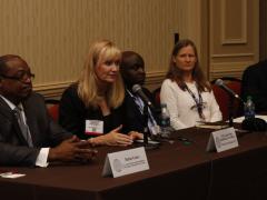Small business experts discuss techniques to develop good partnerships during a small business panel at AFCEA TechNet Augusta. Moderating was (r) Brian Moore of EWA Government Systems. Panelists were (l-r) Rufus Gates, U.S Army Mission and Installation Contracting Command; Col. Laurie Moe Buckhout, USA (Ret.), president and CEO, The Corvus Group; Roy Rucker Sr., CEO and founder, TRECIG LLC; and Dawn Ross, chief information officer, Grimmer Technology and Operations. Photo by Michael Carpenter