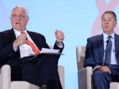 John Hamre (l), president of the Center for Strategic and International Studies, speaks with John Rood, undersecretary of defense for policy, during a panel discussion moderated by Hamre at the 2018 Intelligence and National Security Summit. Photography by Herman Farrer.