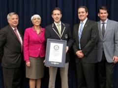 Northrop Grumman Corporation and DARPA are recognized by Guinness World Records for developing the world's fastest integrated circuit amplifier and reaching an operating speed of 1 terahertz. Pictured from l-r are Dale Burton, Arati Prabhakar, Philip Robertson, Dev Palmer and William Deal.