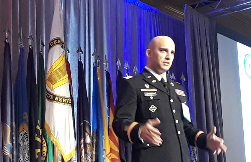 Major Elias S. Kortabani, Collaborative Partner Environment Lead, J6 Engineering Division, United States Central Command speaks at TechNet Augusta. Photo Credit: George Seffers.
