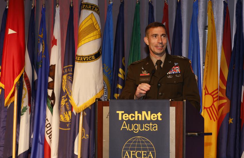 Maj. Gen. Paul Stanton, USA, commanding general, U.S. Army Cyber Center of Excellence and Fort Gordon, stresses that the Army needs to march on its orders to create a unified network now. Credit: Mike Carpenter