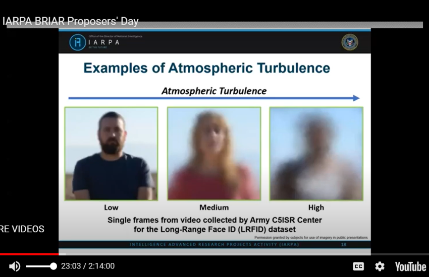 Image distortion caused by atmospheric turbulence is one of the major challenges the Intelligence Advanced Projects Research Activity’s Biometric Recognition and Identification at Altitude and Range (BRIAR) program seeks to overcome.