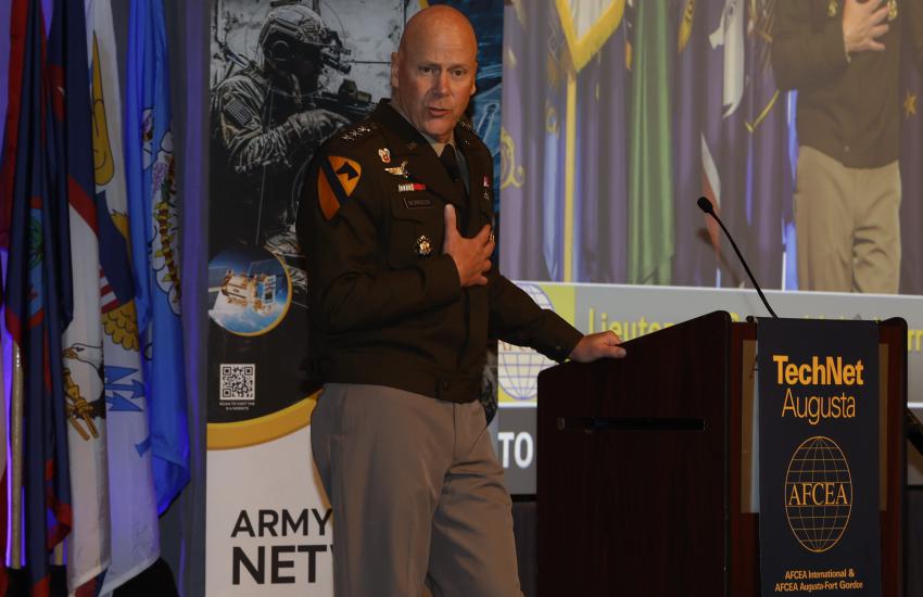 Lt. Gen. John Morrison, G-6 and deputy chief of staff, U.S. Army, addresses Signal soldiers at the TechNet Augusta conference August 18.