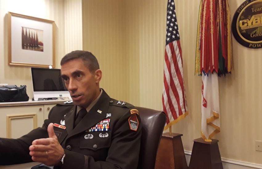 Maj. Gen. Paul Stanton, USA, commanding general, U.S. Army Cyber Center of Excellence and commanding general, Fort Gordon, speaks during a media roundtable at TechNet Augusta 2022. 