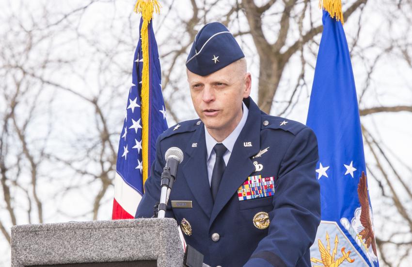 Brig. Gen. Luke Cropsey, USAF, shown speaking at the 118th Anniversary of Powered Flight ceremony at Wright-Patterson Air Force Base, has been named to a new position to oversee Air Force command, control and communications. Credit: U.S Air Force photo by Jaima Fogg