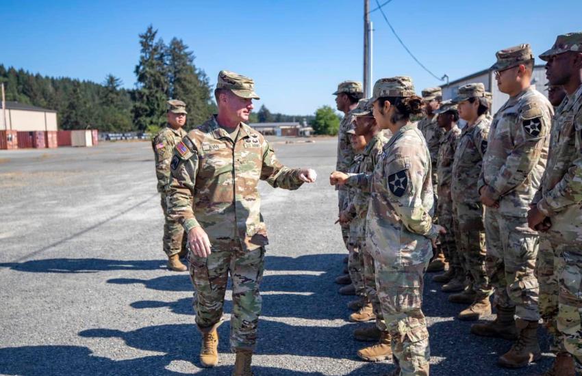 U.S. Army Brig. Gen. William Ryan meets with soldiers at Joint Base Lewis-McCord, Washington