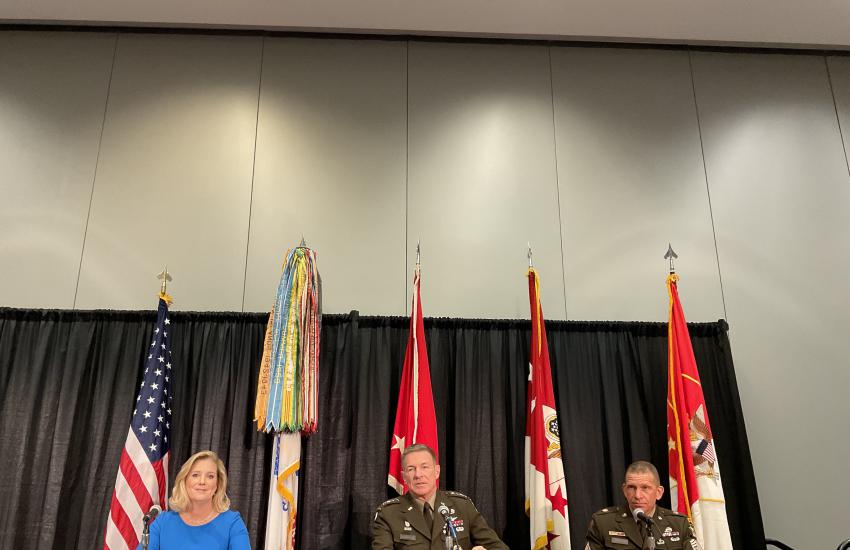 Secretary of the Army, Christine Wormuth (l), speaks to reporters with the Chief of Staff of the Army, Gen. James McConville (c) and the Sergeant Major of the Army, Michael Grinston (r), during a press conference at the Association of the United States Army annual meeting in Washington, D.C., on October 10.