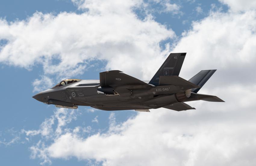 A Royal Australian Air Force F-35A Lightning II Takes off in participation of Black Flag 22-1, Nellis Air Force Base, Nevada, in May. One of the objectives of Black Flag 22-1 is to investigate long-range kill chain options from sensor to shooter to ensure interoperability and integrated effects for mission success. U.S. Air Force photo by Airman Trevor Bell
