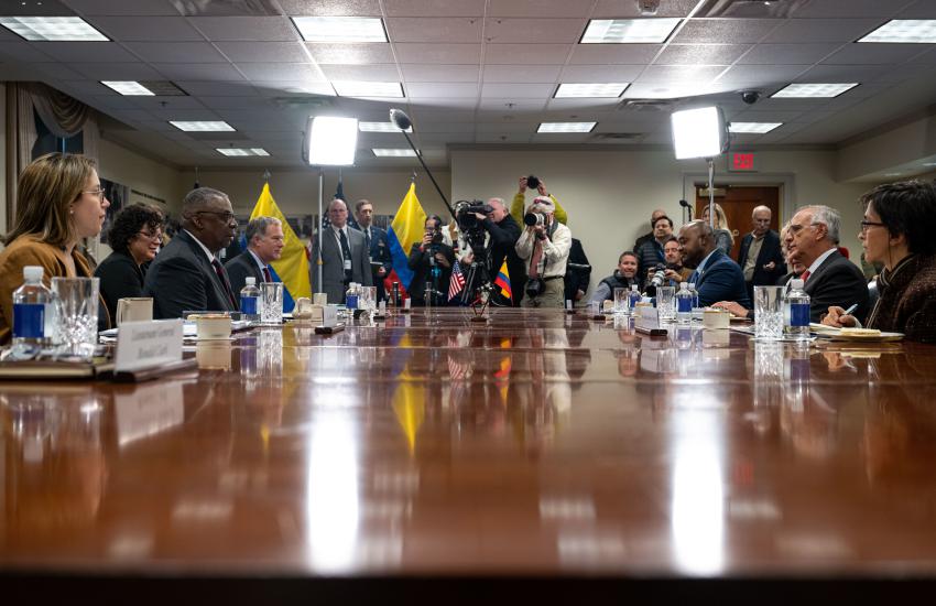 Secretary of Defense Lloyd Austin hosts Colombian Minister of National Defense Iván Velásquez at the Pentagon on November 29, 2022. Credit: Petty Officer 2nd Class Alexander Kubitza, U.S. Navy.