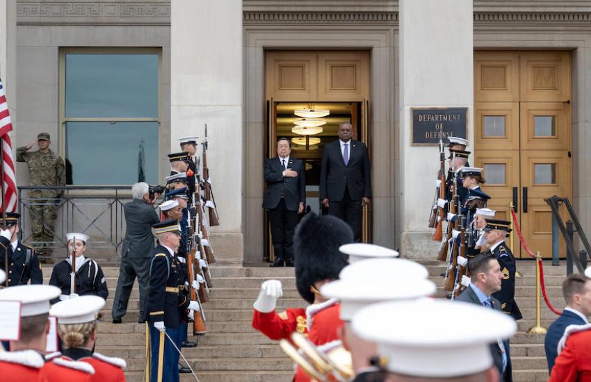 A January 12 honor cordon at the Pentagon welcomes Japan's Minister of Defense Yasukazu Hamada (l) during his visit with U.S. Secretary of Defense Lloyd Austin. Credit: Staff Sgt. Jackie Sanders, Office of the Secretary of Defense Public Affairs