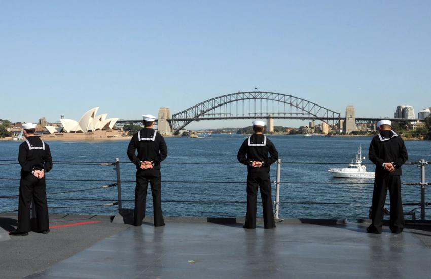 Sailors staff the rails as amphibious command ship USS Blue Ridge arrives in Sydney, Australia. Credit: U.S. Navy