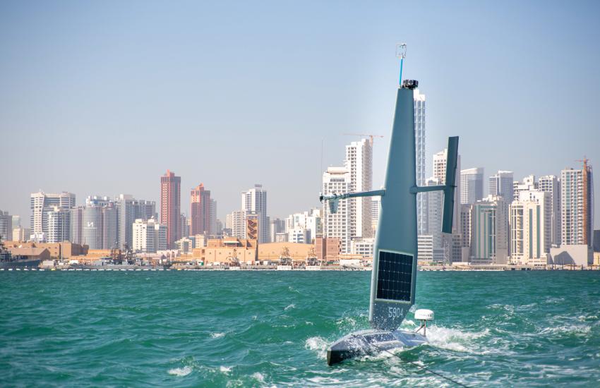A Saildrone Explorer unmanned surface vessel is towed out to sea in the Arabian Gulf off Bahrain’s coast. Credit: Spc. Natianna Strachen, U.S. Army