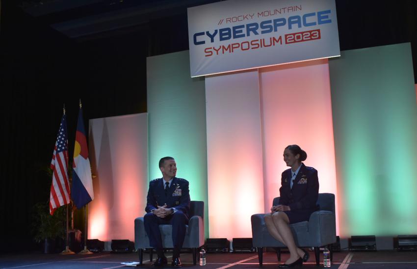 Brig. Gen Heather Blackwell, the A-6 for Air Combat Command, sitting with Lt. Gen. Robert Skinner, director of DISA, emphasizes that the service's Mission Defense Team construct will continue. The leaders spoke at the AFCEA Rocky Mountain Cyberspace Symposium on February 21. Photo courtesy of David Marin, DISA