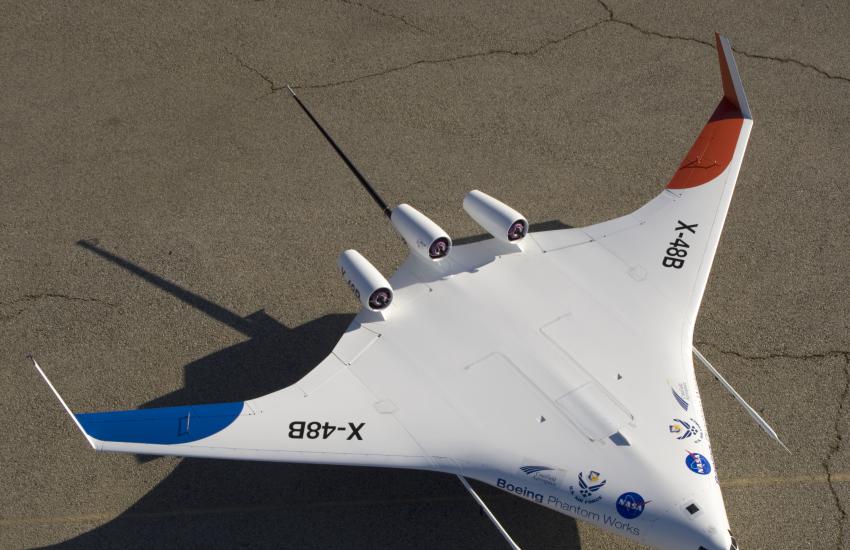 The Boeing X-48B was an experimental blended-wing body aircraft built for NASA earlier this century. The Air Force currently is awaiting proposals for new blended-wing body aircraft designs that would dramatically improve fuel efficiency for large aircraft. Credit: NASA