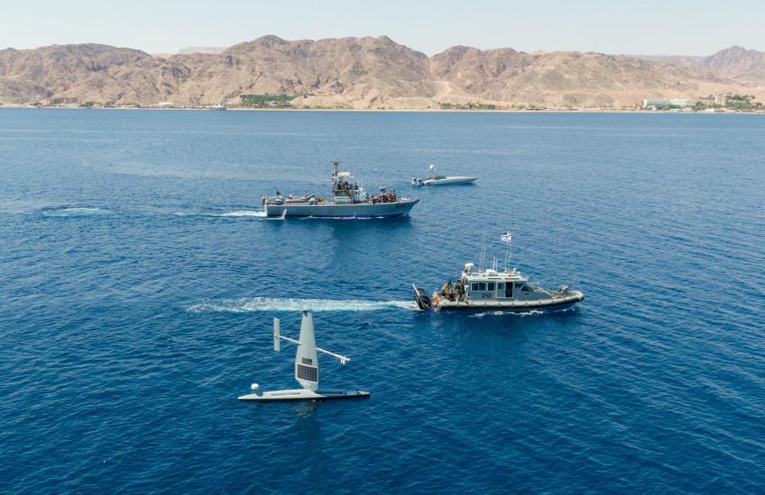 Vessels from the Israeli Navy and U.S. Naval Forces Central Command operate in the Gulf of Aqaba with unmanned surface vessels during exercise Digital Shield, September 2022. Credit: Photo courtesy of U.S. Navy