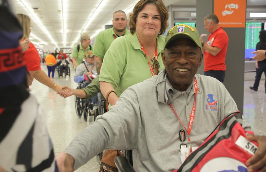 According to his Honor Flight biography, Willie Smith, a two-time Bronze Star recipient, who served with the Army‘s 173rd “The Herd” in Vietnam as a mortarman. Smith said he opted to serve two tours in Vietnam rather than return home following the assassination of Martin Luther King, Jr. Photo by Diego Laje 