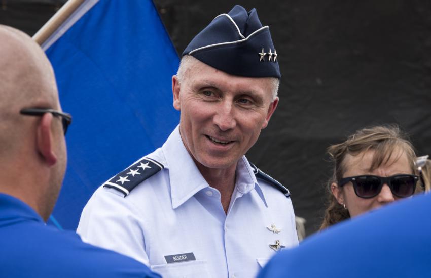 Lt. Gen. Bill Bender, USAF (Ret.), inducts recruits into the U.S. Air Force during the Citizen Soldier 400 NASCAR Sprint Cup Series in 2016 at Dover International Speedway in Delaware. Gen. Bender last served as the chief information officer for the U.S. Air Force.