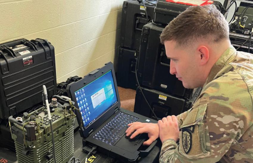 A Security Force Assistance Brigade Signal advisor tests a Ruggedized Applications Platform-Tactical Radio (RAP-TR). RAP-TR combines several software applications to a single tactical network management tool to plan, configure, load and monitor legacy waveforms and advanced networking waveforms in current and future tactical radios. Photo courtesy SFAC public affairs