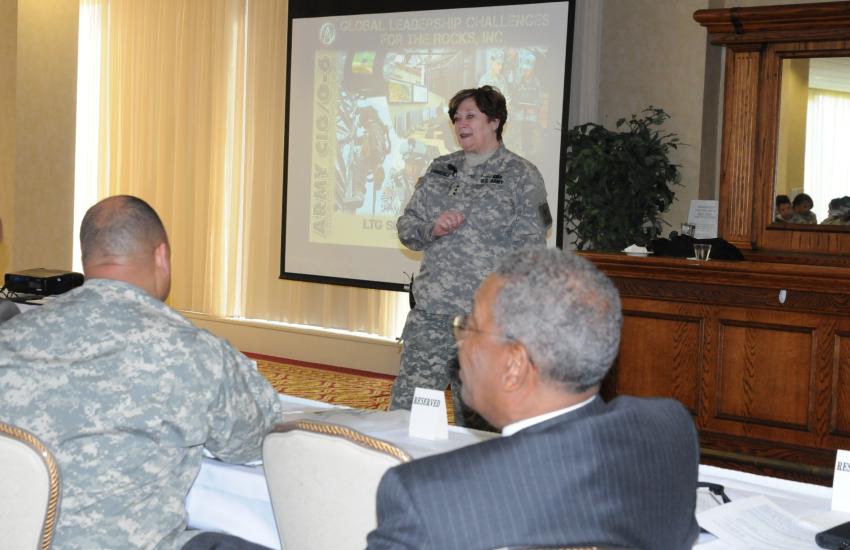 Lt. Gen. Susan S. Lawrence, Army’s first female CIO/G6  addresses attendees at the 2012 Rocks National Leadership and Training Conference. Photo by Maj. Myles Caggins 