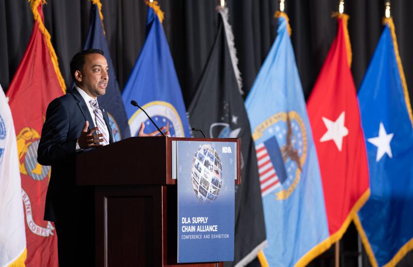 Farooq Mitha, director of the Office of Small Business Programs, offered a keynote address in May at the Defense Logistics Agency Supply Chain Alliance. Credit: Christopher Lynch, Defense Logistics Agency