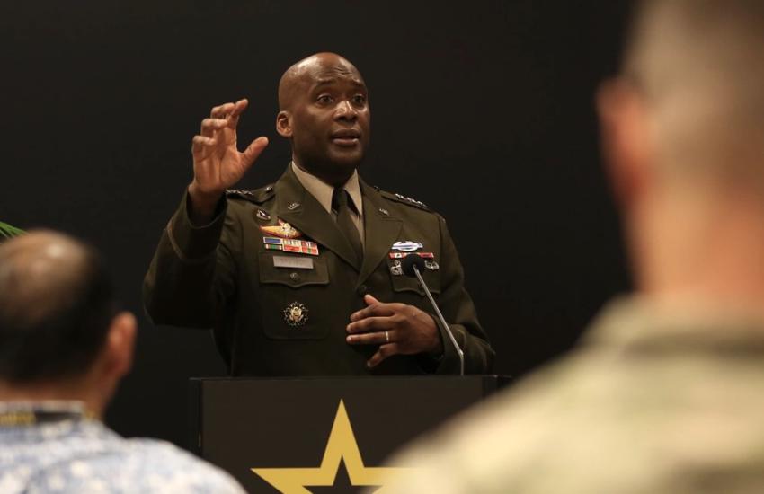 With warfighters to be deliberately dispersed across the Pacific in the future fight, Lt. Gen. Xavier Brunson, USA, commander, I Corps, (pictured speaking at the Association of the U.S. Army LANPAC Symposium in Honolulu in May) directed the development of a new operational framework. Credit: I Corps Sgt. Keaton Habeck