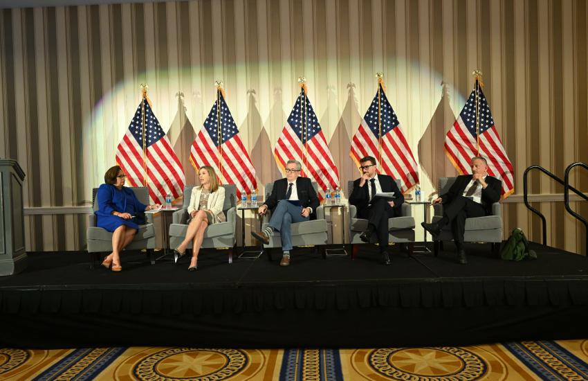 Cynthia Rapp, former senior national intelligence executive at the CIA, moderates a panel on Ukraine and Russia during the Intelligence and National Security Summit. Credit: Herman Farrer Photography 