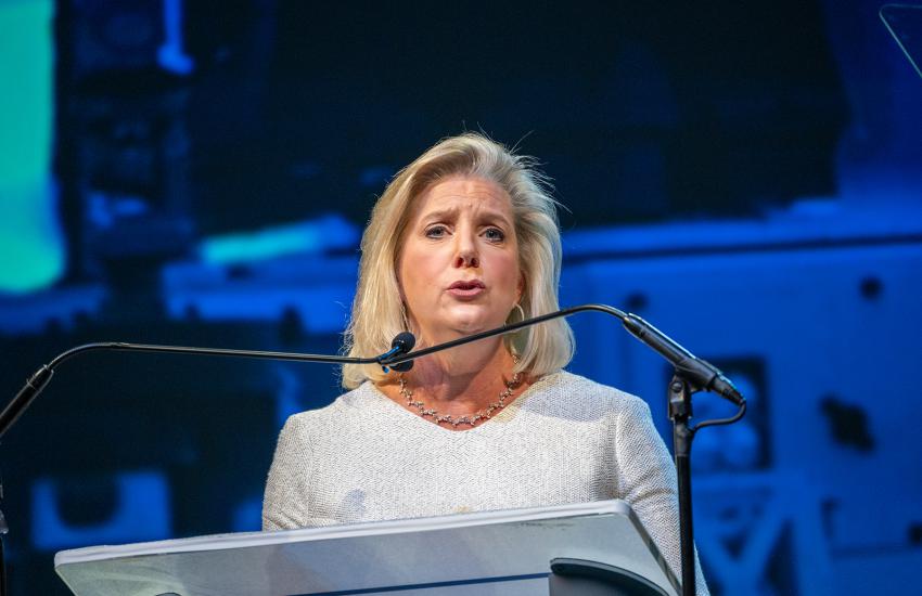 Secretary of the U.S. Army Christine E. Wormuth addresses the audience during the Opening Ceremony for the AUSA 2023 Annual Meeting and Exposition on Monday in Washington, DC. Credit:  Christopher Kaufmann, U.S. Army.