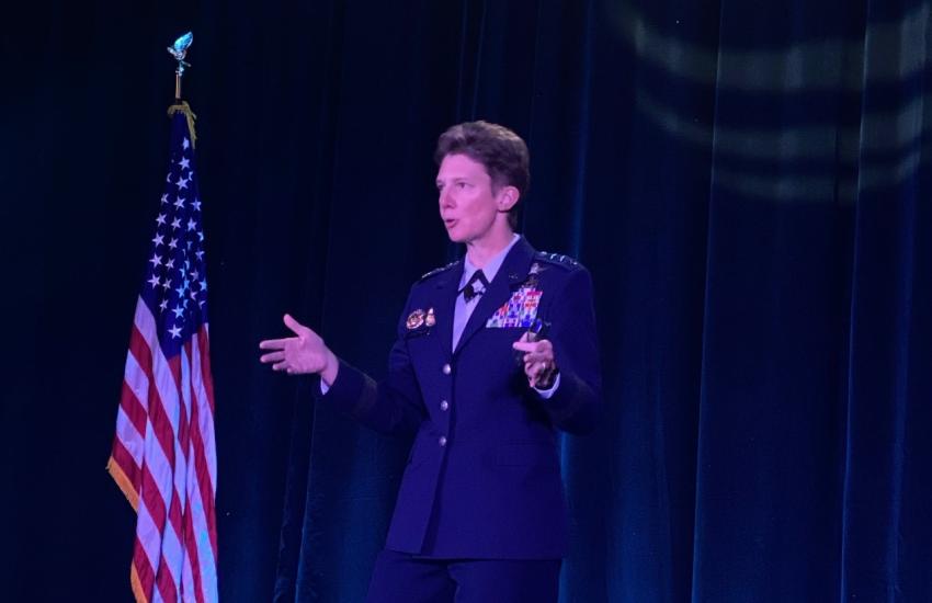 Lt. Gen. Leah Lauderback, USAF, deputy chief of staff (DCS) for Intelligence, Surveillance and Reconnaissance and Cyber Effects Operations, Headquarters Air Force, speaks November 14 at the annual AFCEA Alamo Chapter's ACE conference,