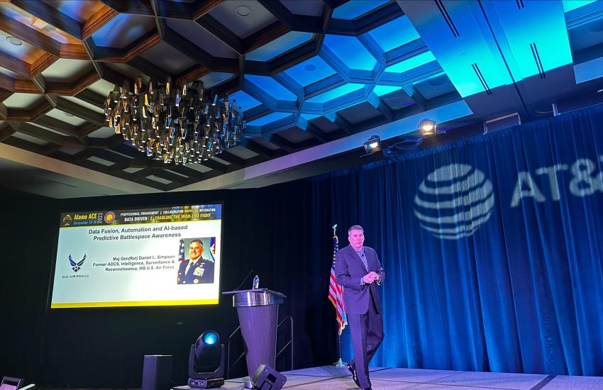 Retired Maj. Gen. Daniel Simpson, USAF, former deputy A2/6, Air Staff, speaks November 15, 2023, at the AFCEA Alamo Chapter’s annual ACE conference in San Antonio.