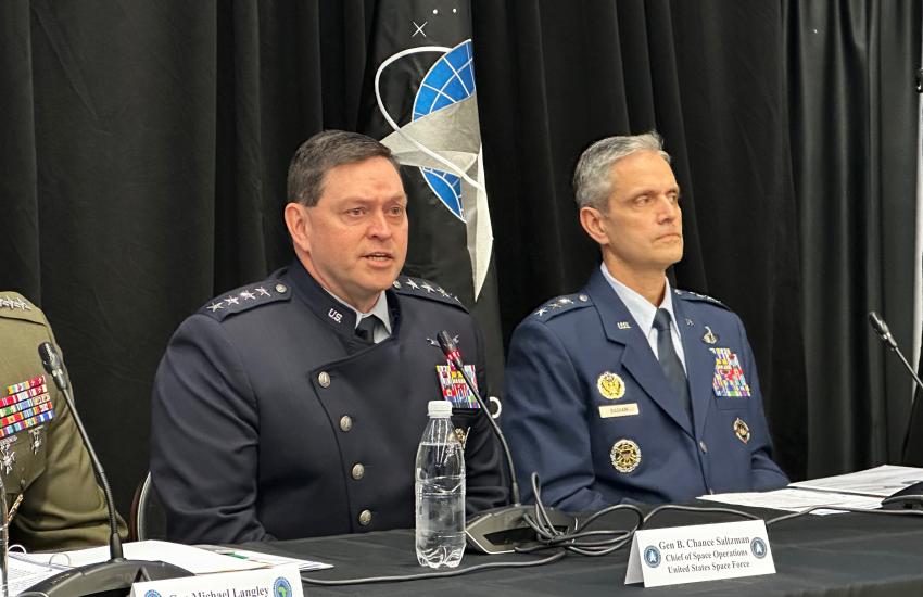 The standup of Space Forces Europe and Africa is the fourth such space component to the U.S. Combatant Commands, said Chief of Space Operations Gen. B. Chance Saltzman (right), U.S. Space Force, and the move comes at the right time, noted Gen. Steven Basham (left), deputy commander, U.S. European Command, especially given the needs on the European continent for space power. Credit: Kimberly Underwood