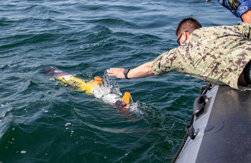 A Remus 100 unmanned underwater vehicle hunts mines during exercise Baltic Operations 2023 is used. Credit: U.S. Naval Forces Europe-Africa/U.S. Sixth Fleet