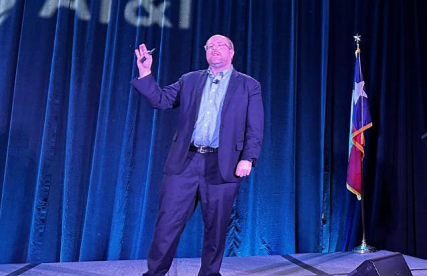 Standardized Application Programming Interfaces (APIs) enable real-time, authoritative data-sharing needed for coalition joint all-domain command and control, says Jay Bonci, chief technology officer, Department of the Air Force, pictured speaking in November 2023 at the AFCEA Alamo Chapter’s ACE conference.