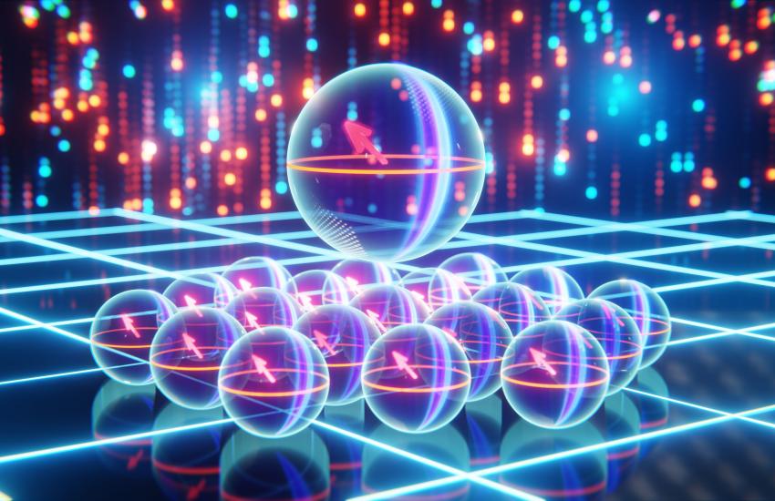 Physicists use Bloch spheres to illustrate the infinite possibilities for qubit existence. While bits used by conventional computers can be only be a 1 or a 0, qubits can be the north or south pole of the sphere or any combination of points on the outer surface or inside the sphere. Credit: atdigit/Shutterstock