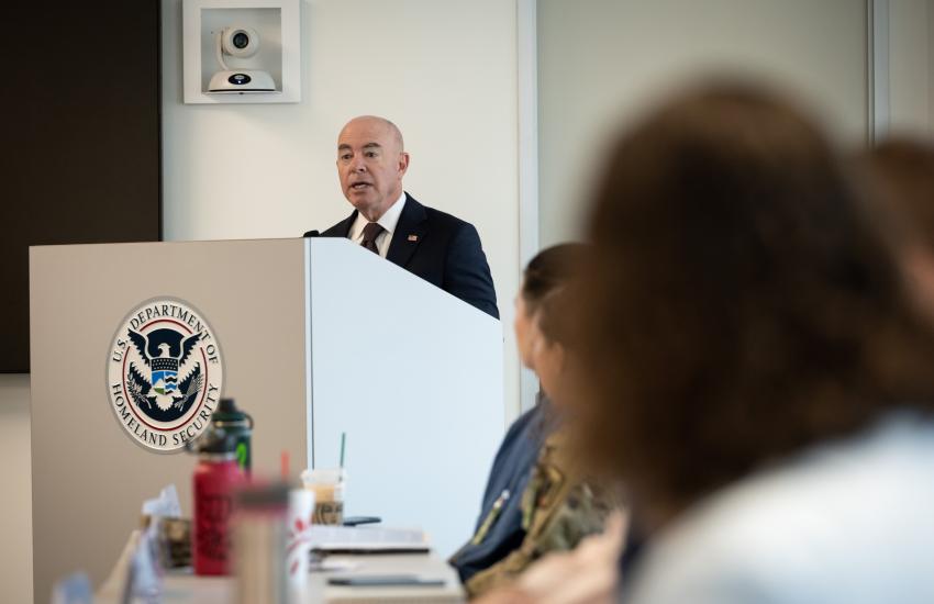 Department of Homeland Security Secretary Alejandro Mayorkas speaks at the Cybersecurity and Infrastructure Security Agency (CISA) Tabletop the Vote 2023: National Election Exercise at the CISA Arlington office. Credit: DHS Flickr photo by Sydney Phoenix