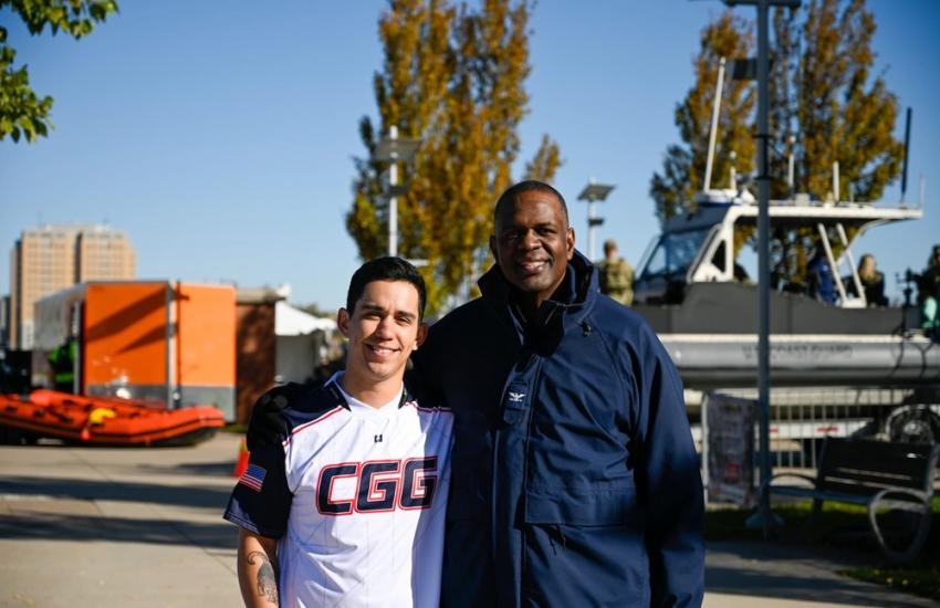 The National Geospatial-Intelligence Agency’s new Director of Research and Development, Ronzelle Green (r), pictured in October 2023 with U.S. Coast Guard Petty Officer 1st Class Claudio Giugliano, previsouly was the Atlantic Area Reserve Chief of Staff (and a captain) in the U.S. Coast Guard. He also is no stranger to the National Geospatial-Intelligence Agency or the intelligence community having first served at the agency in 2000. Credit: U.S. Coast Guard photo by Petty Officer 3rd Class Kate Kilroy