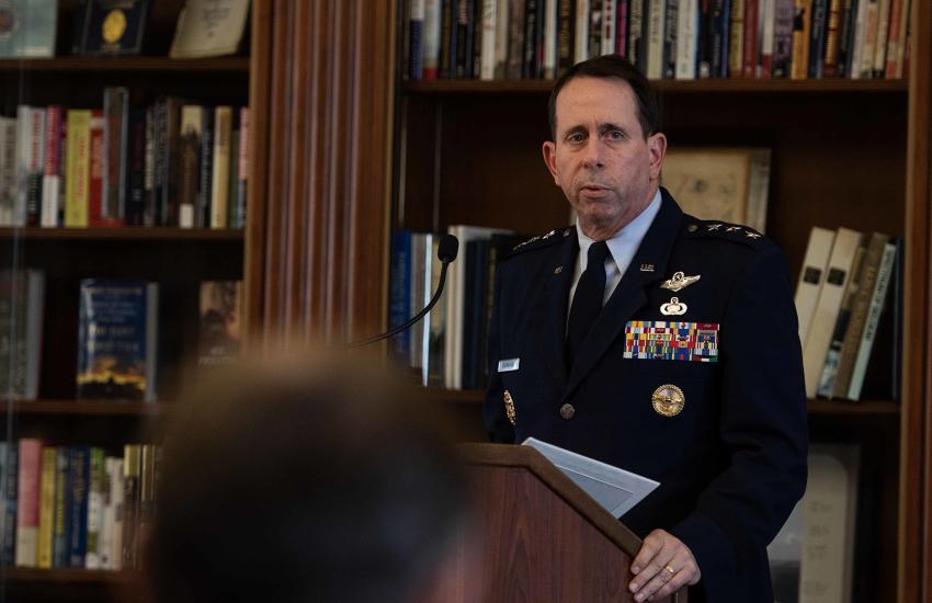 Air Force Lt. Gen. John “Jack” Shanahan, director, Joint Artificial Intelligence Center, presents a lecture titled “The Challenges and Opportunities of Fielding Artificial Intelligence Technology in the U.S. Military” at the U.S. Naval War College on December 12, 2019. Credit: U.S. Navy photo by Mass Communication Specialist 2nd Class Tyler D. John/Released
